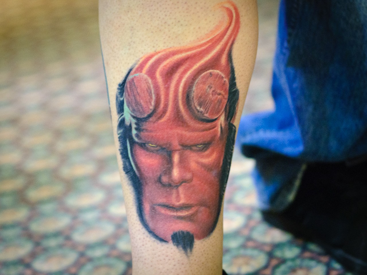 Josh Pruitt's Hellboy leg tattoo.