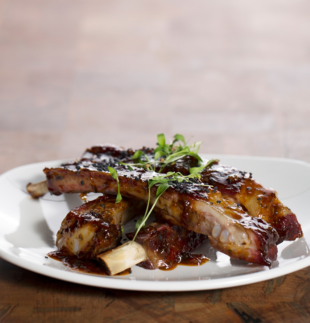 Raincrow Ranch smoked pork ribs with an Asian barbecue glaze.