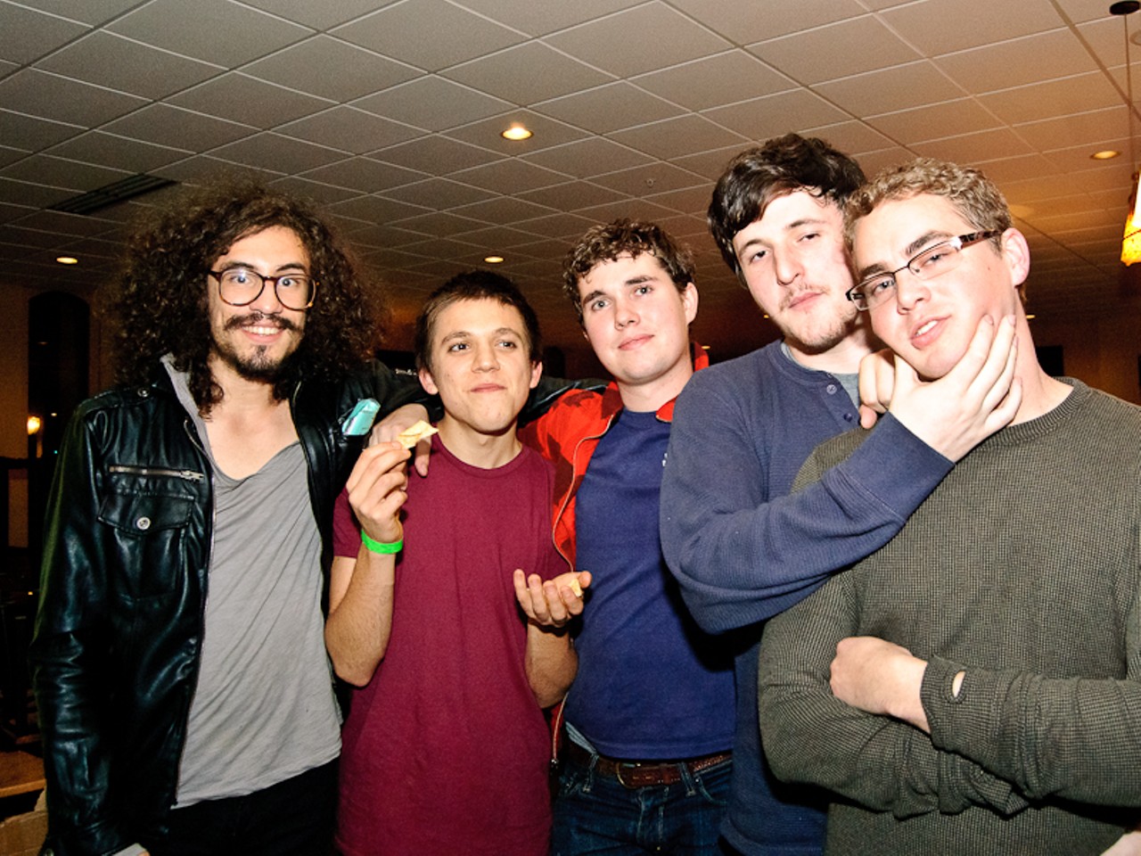 Surfer Blood (Marcos Marchesani, Thomas Fekete, John Paul Pitts, Brian Black, and Tyler Schwarz) pose for a quick portrait after Japandroids&rsquo; set.