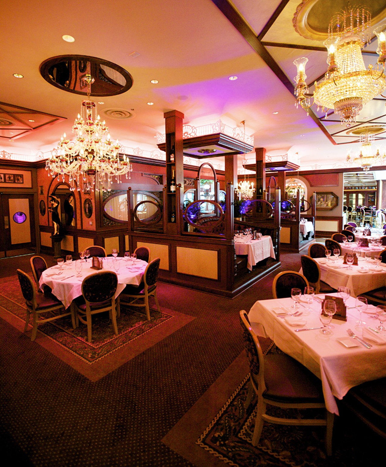 The interior of Jeff Ruby's Steakhouse is filled with chandeliers hand picked at auctions and antique shops around the country by the man, himself, Jeff Ruby.