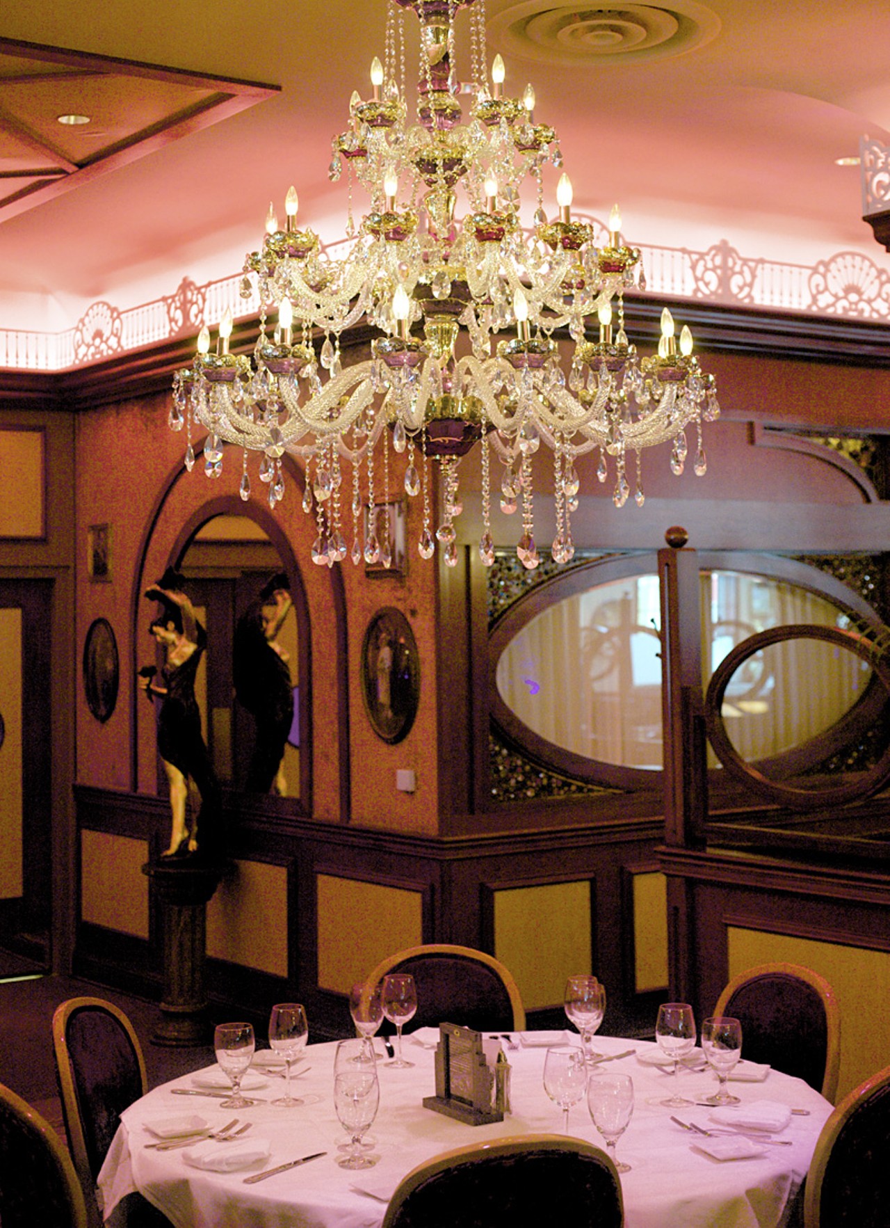 The interior of Jeff Ruby's Steakhouse is filled with chandeliers hand picked at auctions and antique shops around the country by the man, himself, Jeff Ruby.