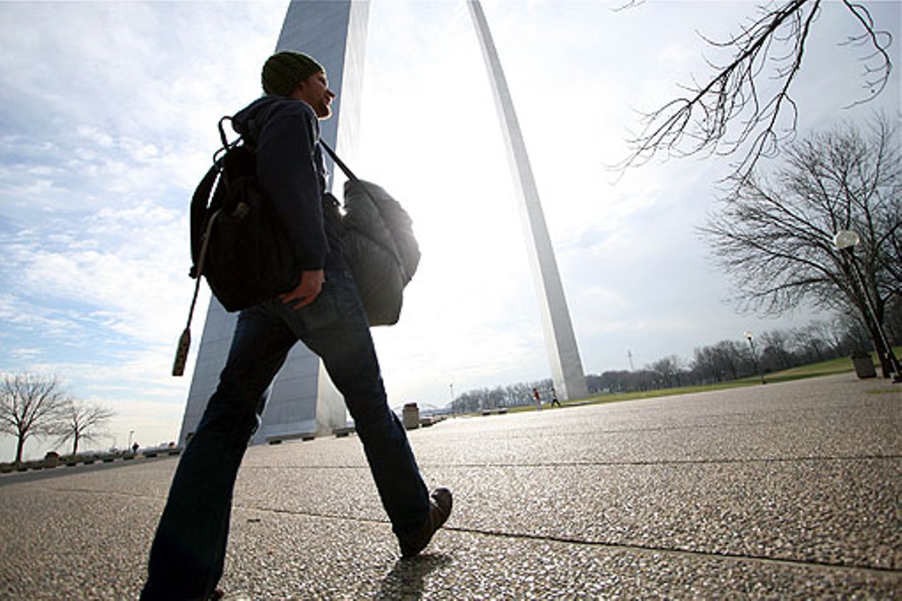 Performance artist and St. Louis native, Jimmy Kuehnle walks toward the Gateway Arch to begin his inflatable suit performance at noon on Friday, December 18, 2009. Kuehnle's performance went through three other cities before making its final stop in St. Louis.