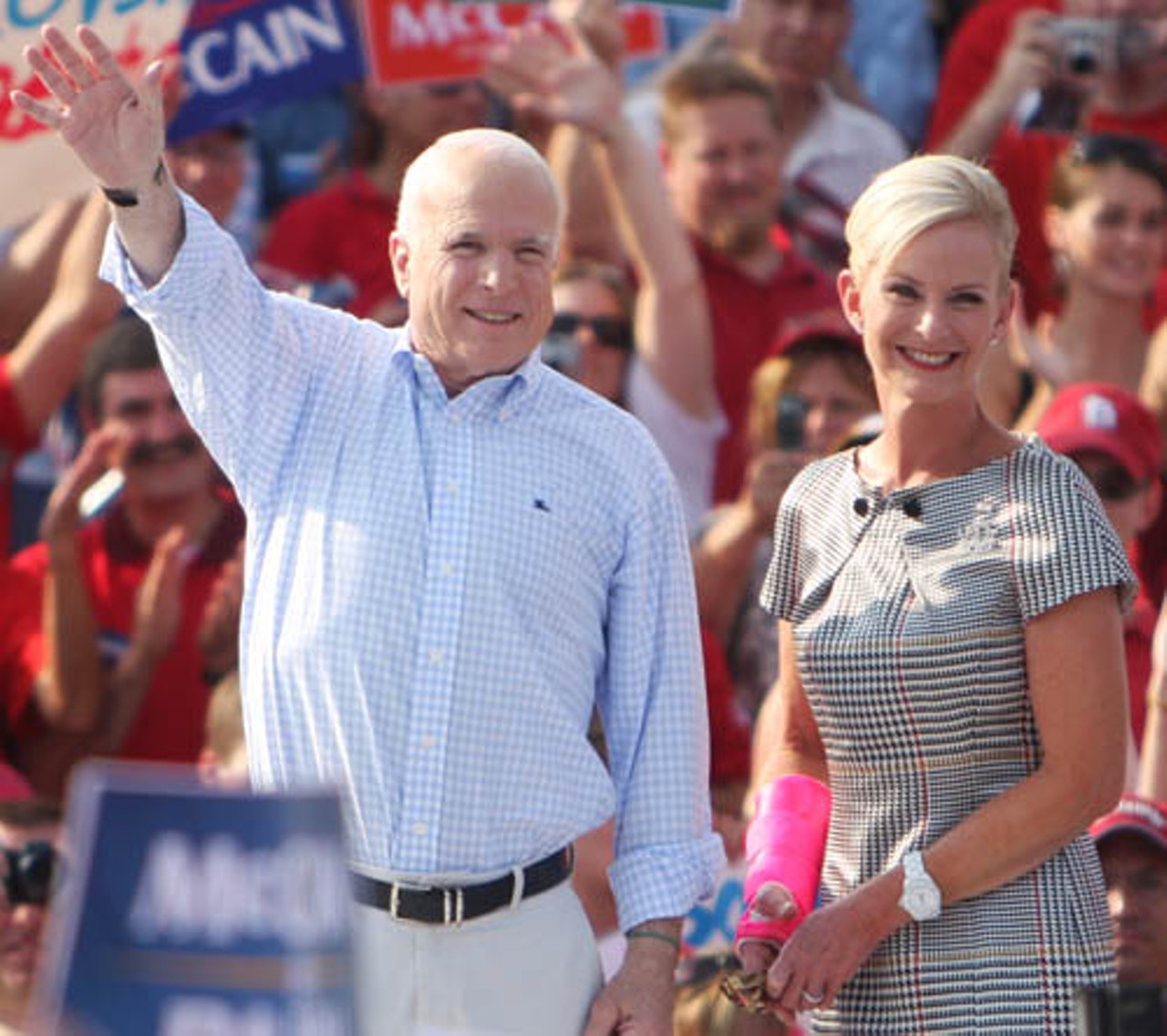 John and Cindy McCain gets a warm welcome while entering T.R. Hughes Ballpark in O&rsquo;Fallon.
