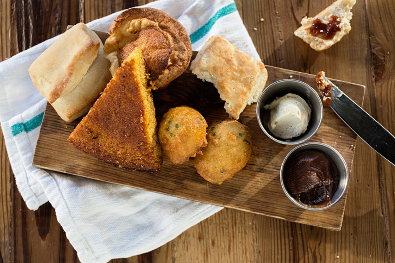 Juniper's full breadbasket comes with biscuits including buttermilk and angel, cornbread, hushpuppies and popovers, and they're served with seasonal jams and butters.