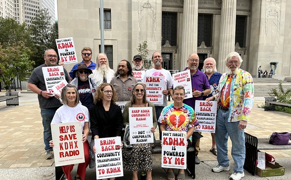 Supporters gathered outside the courthouse to support Andrea "Drea" Stein (center, bottom row) in her motion against KDHX and Kelly Wells.