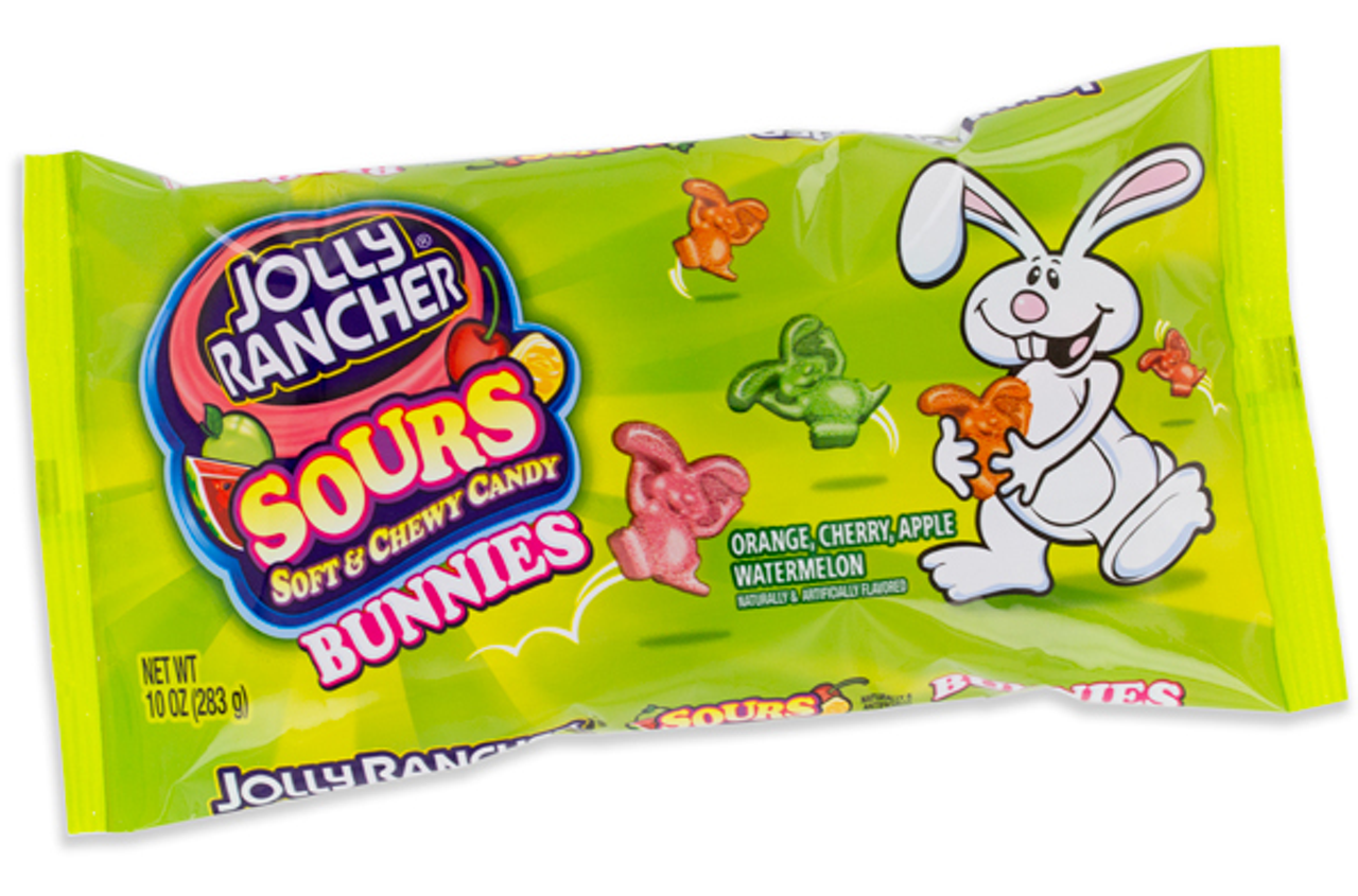 Jolly Rancher Sour Bunnies
Departing from the more traditional chocolate rabbit, tick-shaped Jolly Rancher Sour Bunnies come in four classic Jolly Rancher flavors: orange, cherry, apple and watermelon, and promise to "get your taste buds hopping." While they definitely do taste like chewy, tart takes on classic Jolly Ranchers, we tried them and found them wanting.
If we're going to eat a bunny, it had better be chocolate -- and preferably filled with delicious yet unidentified "cream" or caramel. Jolly Rancher Sour Bunnies might offer a different taste experience, but the small, amorphous lumps hardly pass as holiday mascots, and are certainly nothing to look forward to on Easter Sunday. They leave our tongues feeling like sandpaper and do nothing to satisfy our sugar-craving. However much these sour space-wasters might be "jumping with sour goodness," we secretly hope that they hop into a stranger's candy basket, or maybe just off a cliff.