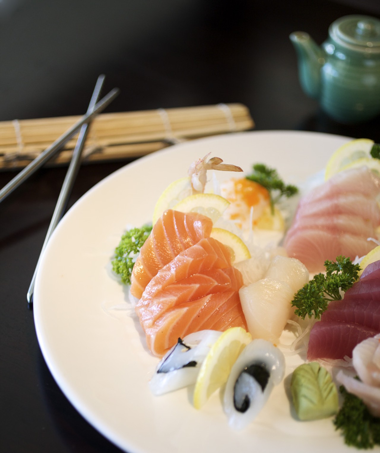 A Sashimi plate that included salmon, tuna, squid, shrimp, crab and red snapper is ordered a la carte.
