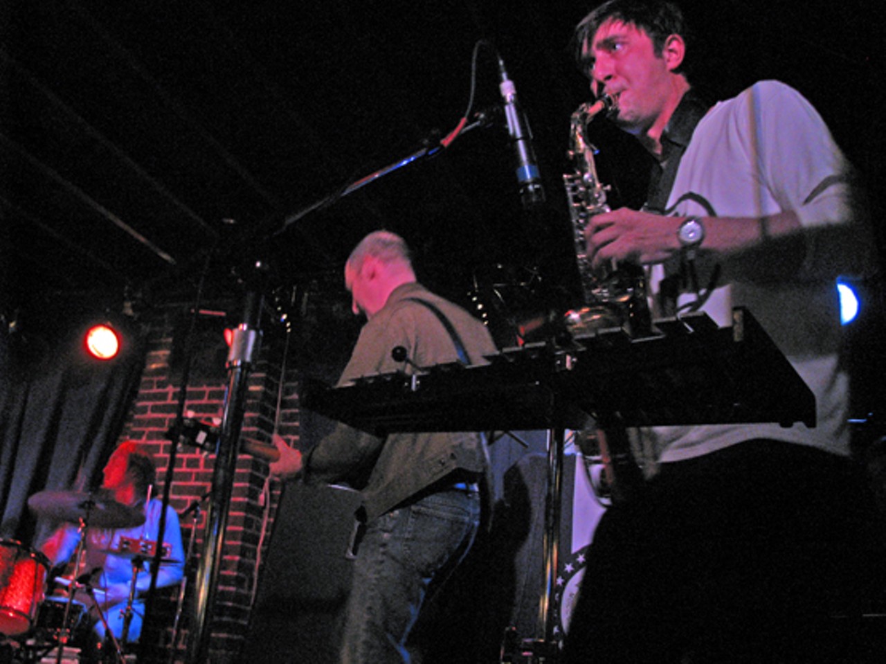Jamin Barton plays saxophone during the Stoltz set. Barton later went on to play quite possibly the only theremin solo heard in the metro area on March 18.