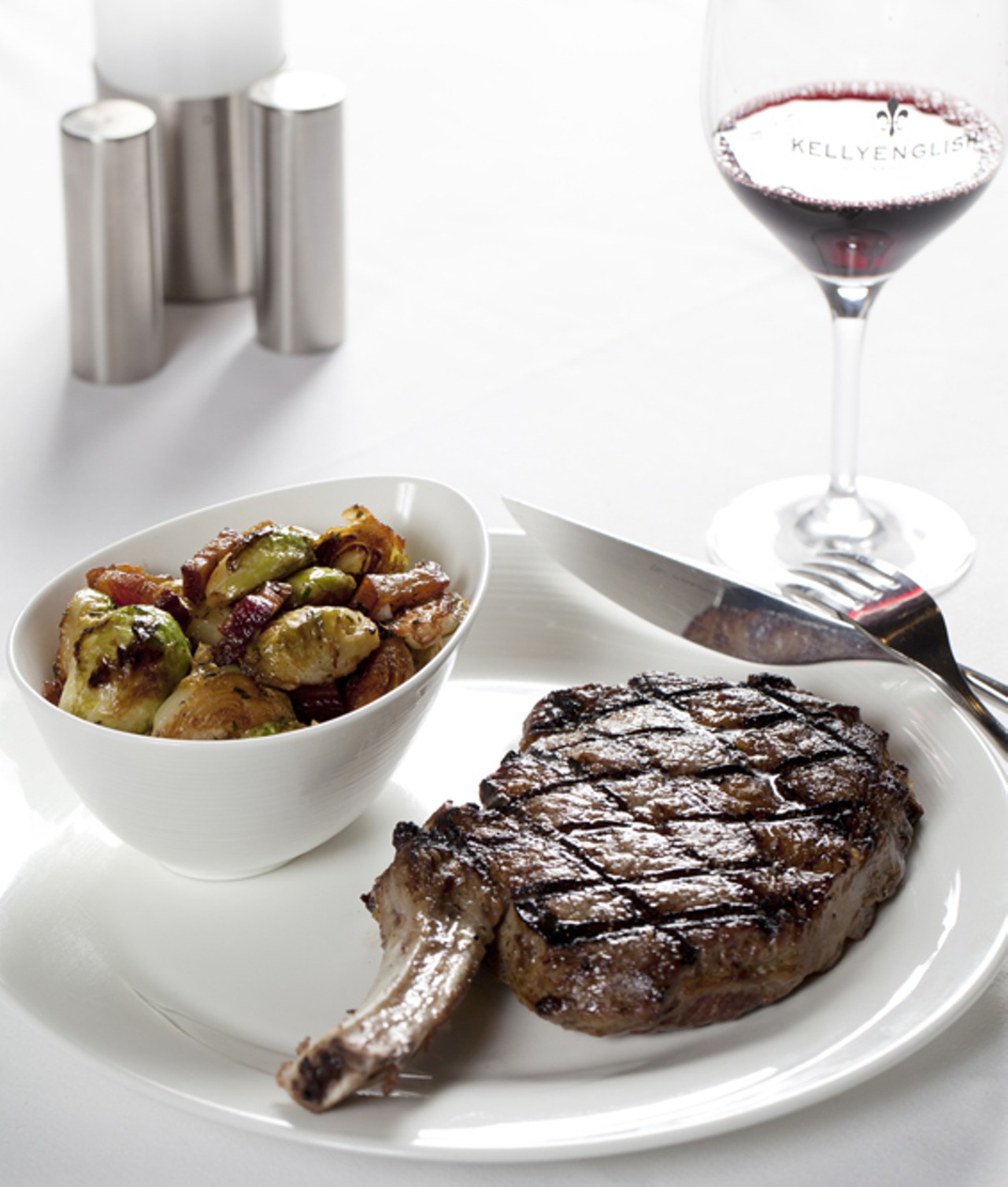 The 16 oz. bone-in ribeye with a side "salad" of brussels sprouts with Allan Benton's bacon and sherry.