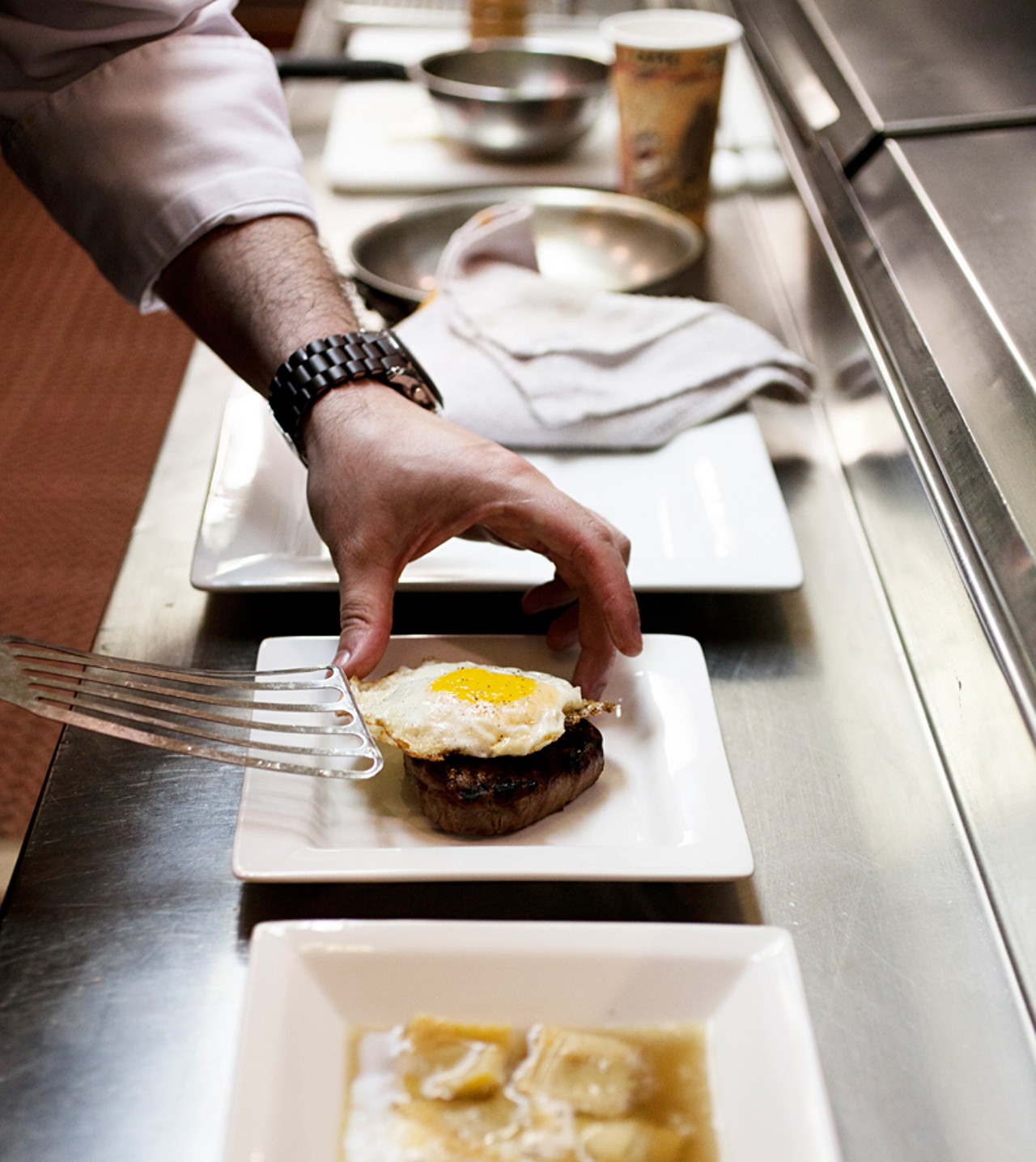 Chef Brad Watts preparing the Steak and Eggs of the day, this particular day featuring a grass-fed tenderloin.