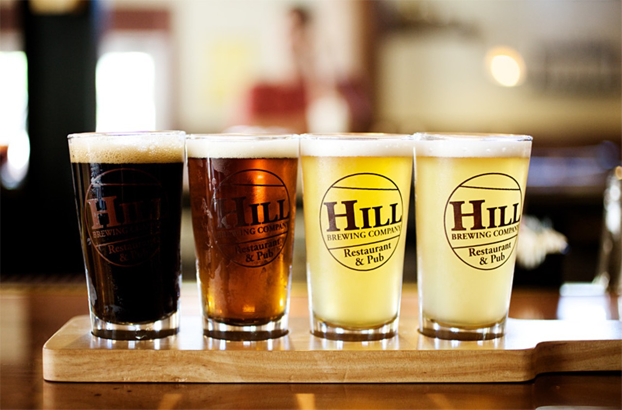 From left to right in this flight of Hill Handcrafted Beers is the Chocolate Stout, the Irish Red, their Hefeweizen and the Belgium White.