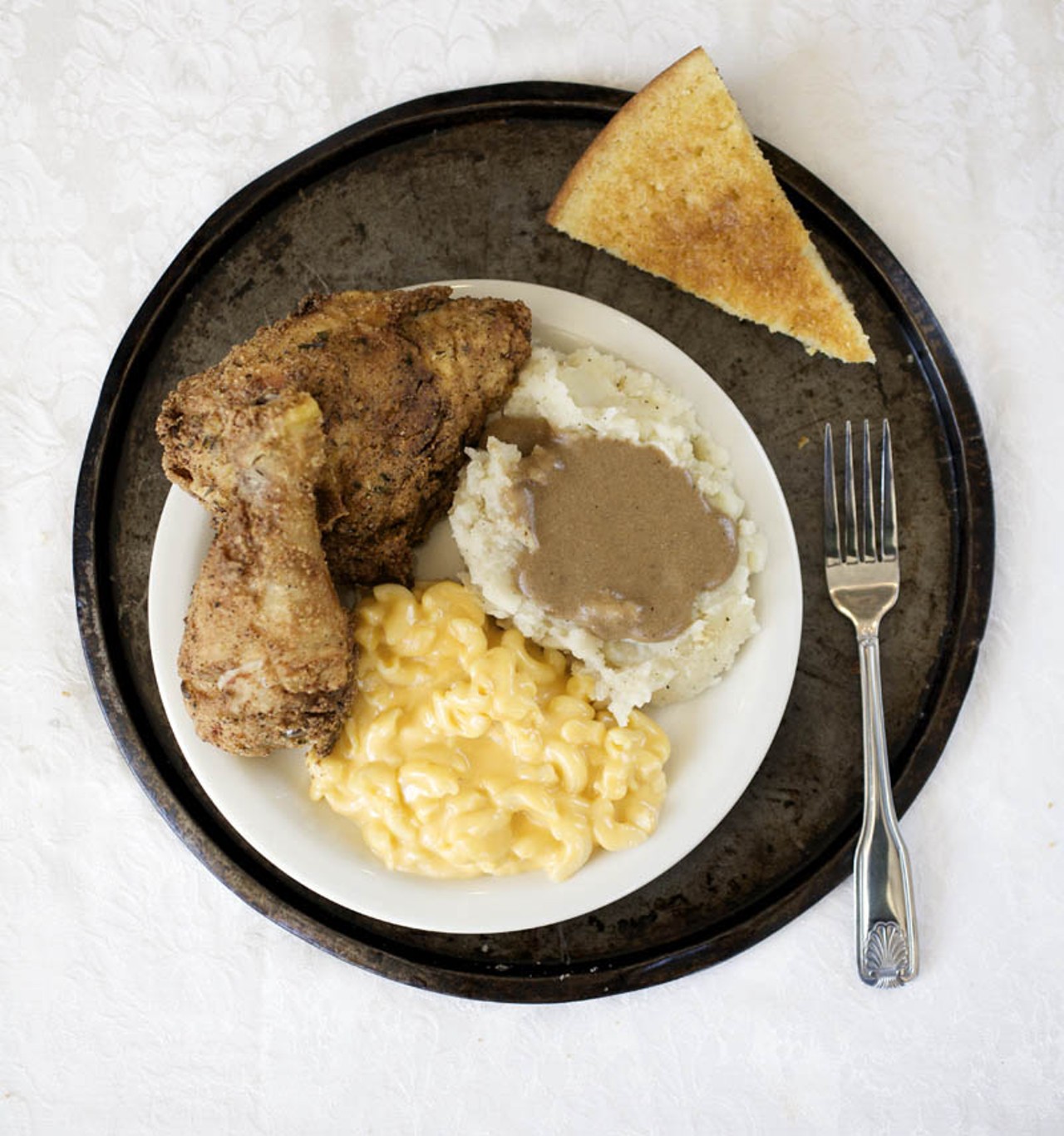 The chicken entree and Mama Josephine's is fried chicken, of course, and is shown here with mashed potatoes & country gravy, macaroni & cheese and a piece of corn bread fresh from the skillet.