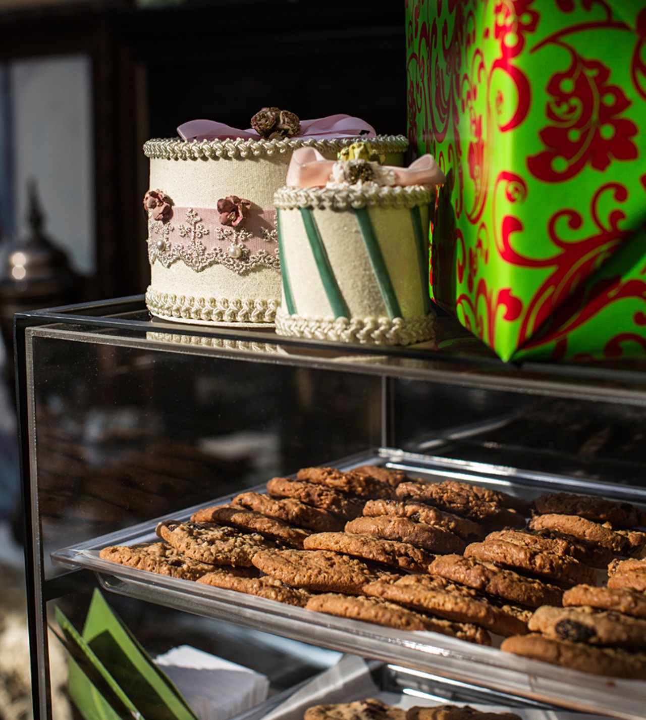 Cookies in the dessert case.