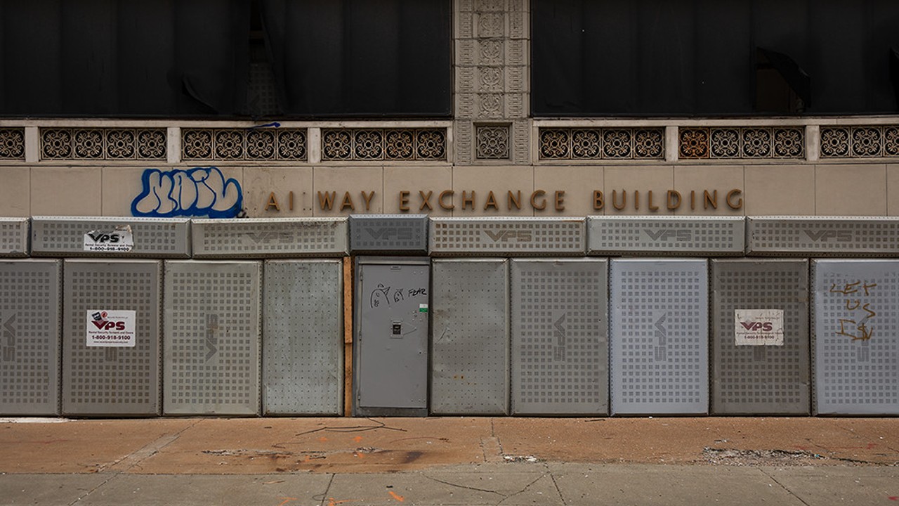 The Railway Exchange building in downtown St. Louis is covered in steel plates to block trespassers.