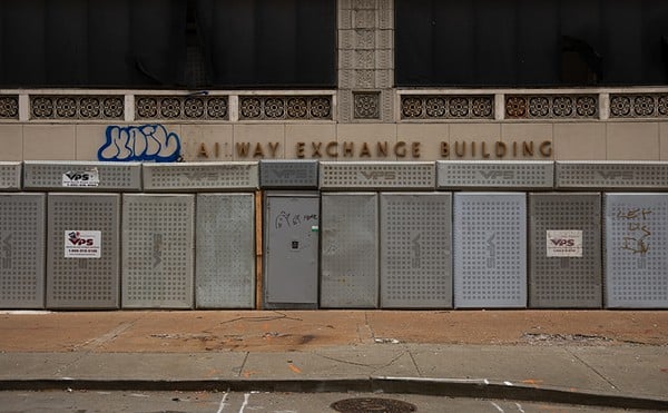 The Railway Exchange building in downtown St. Louis is covered in steel plates to block trespassers.