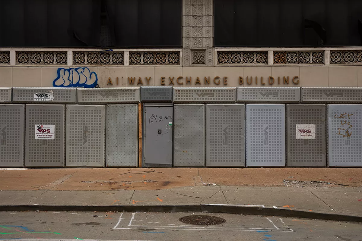 The Railway Exchange building in downtown St. Louis is covered in steel plates to block trespassers.