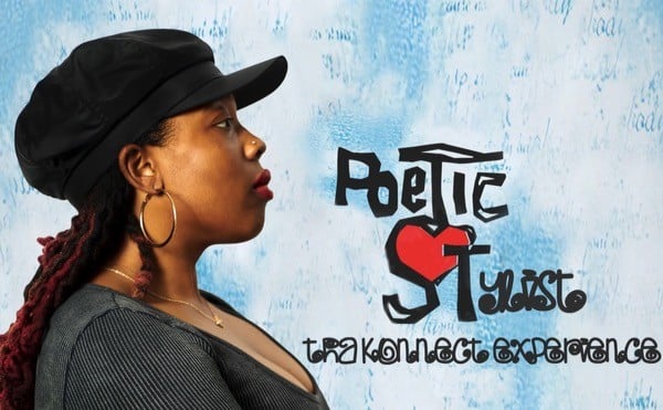 Jibri Ross stands with her arms folded in front of a baby blue background. She looks at words that read "Poetic Stylist Tha'Konnect Experience."