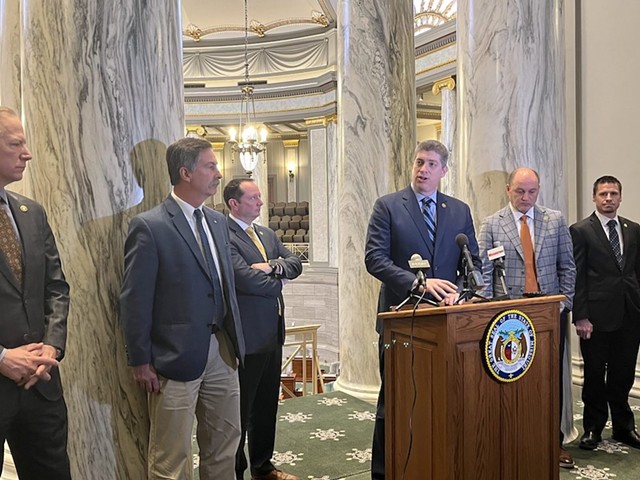 Sen. Bill Eigel, R-Weldon Spring, speaks during a press conference of the Senate conservative caucus on March 10, 2022.