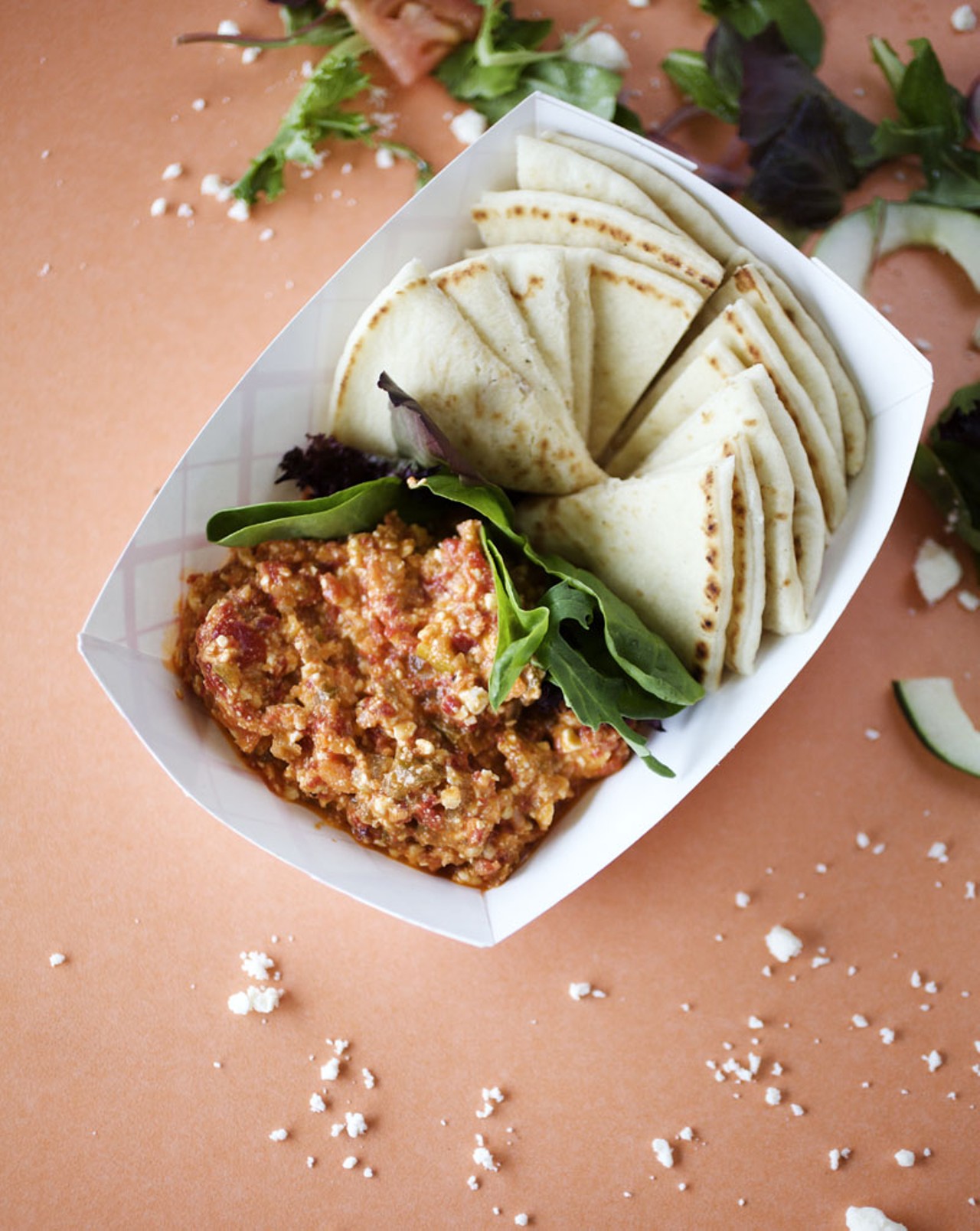 The Htipiti is a spread made with spicy roasted pepper, capers, feta cheese and olive oil.