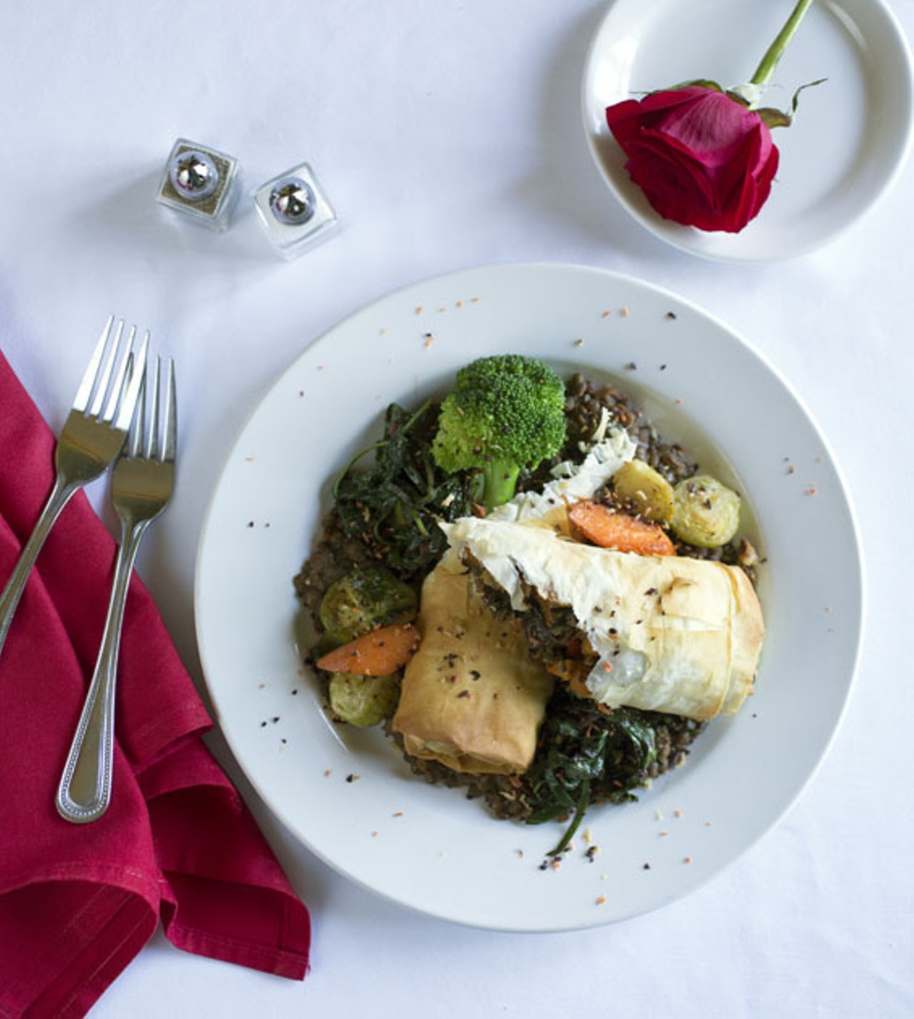 The "Vegetarian Winter Roulade" is roasted vegetables and wild-rice phyllo roulade and lentil Dijonnaise.
