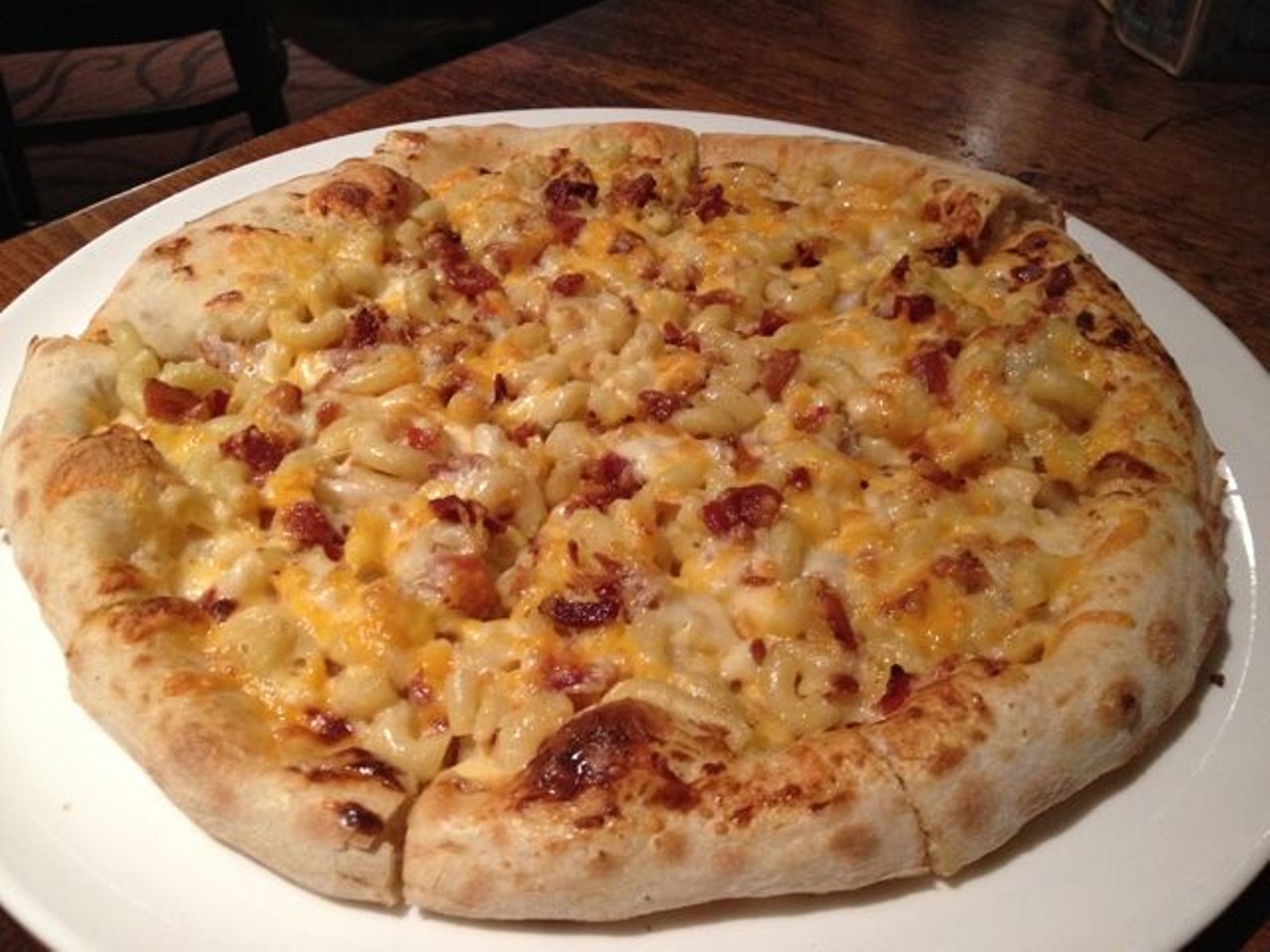 The Mac 'N' Cheese Pizza from Nimbus American Bistro & Eatery in Scottsdale, Arizona. Read more: Nimbus American Bistro & Brewery: Monkey See, Monkey Need to Do (Better).