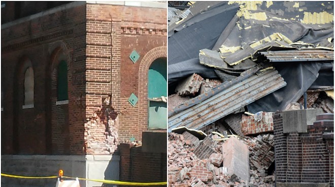 Before-and-after photos of the corner of a Lemp Brewery building that collapsed.