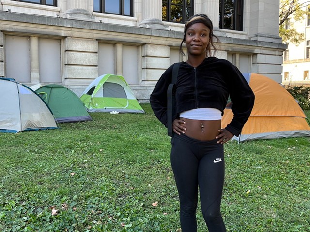 Tahtia Wilson, now living outside the old Municipal Courts building less than a block from City Hall.