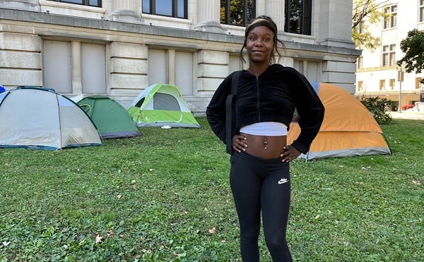 Tahtia Wilson, now living outside the old Municipal Courts building less than a block from City Hall.
