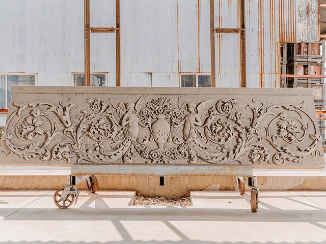 This limestone relief panel was part of the West End Hotel, which was constructed in 1891 and razed in 1972.