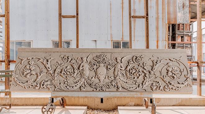 This limestone relief panel was part of the West End Hotel, which was constructed in 1891 and razed in 1972.