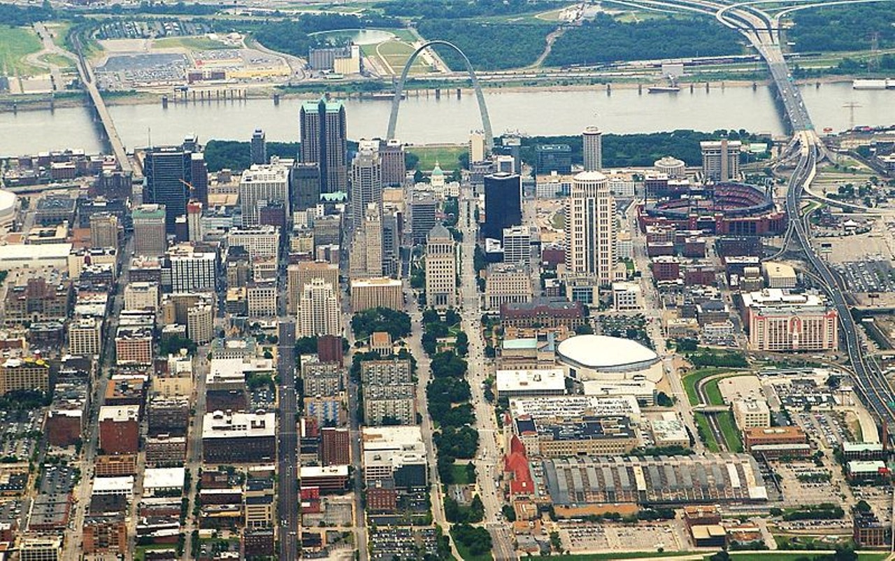 Aerial view of Downtown and Downtown West St. Louis.