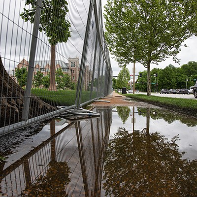 A metal fence that surrounds Wash U’s Danforth Campus reflects off a puddle of water along Skinker.
