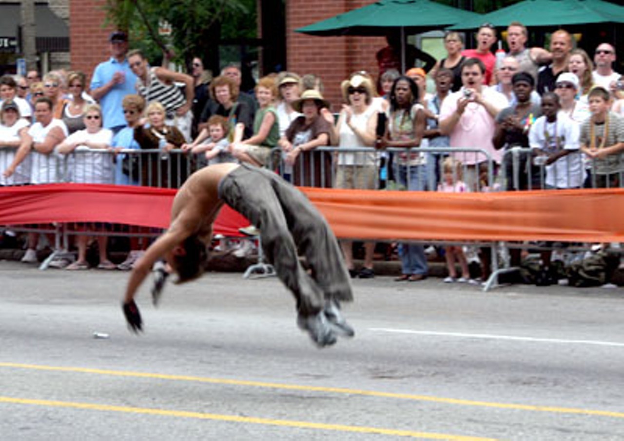 Frontrunners St. Louis, a walking and running club, had one of the coolest acts of the parade: this guy doing multiple flips and handsprings.