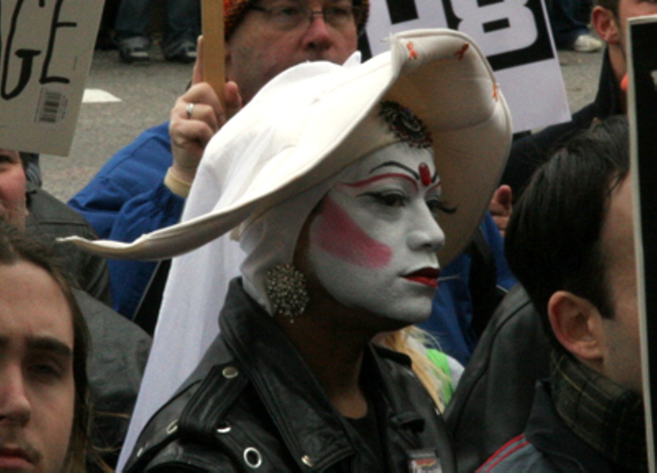 A festive protester at the November 15th protest against Proposition 8, which banned same-sex marriage in California where it had been legal.