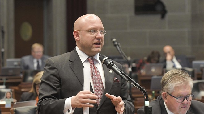 State Rep. Chad Perkins speaking during House debate on March 1, 2023. Perkins is among a group of GOP lawmakers sponsoring legislation this year to abolish the death penalty