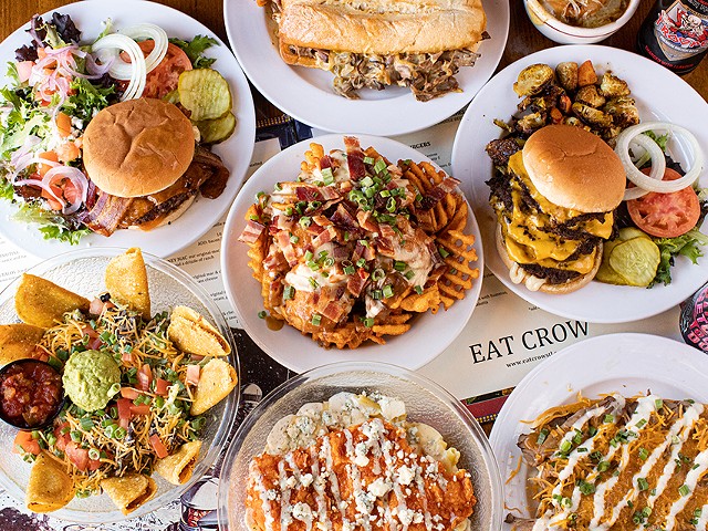 Eat Crow serves a host of over-the-top fare like quadruple cheeseburgers, pork poutine, buffalo chicken mac and cheese and a salad of tacos.