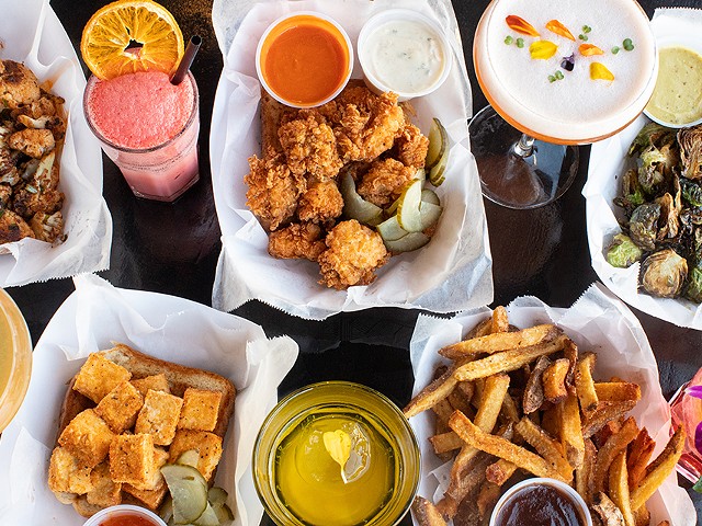 Eat DuckBill's offerings include (clockwise from top left) roasted cauliflower, Chooch's Popcorn Chicken, caramelized Brussels sprouts, hand-cut fries and crispy tofu.