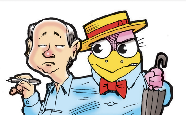 A cartoon of Martin and the iconic Weatherbird combined by the shirt.