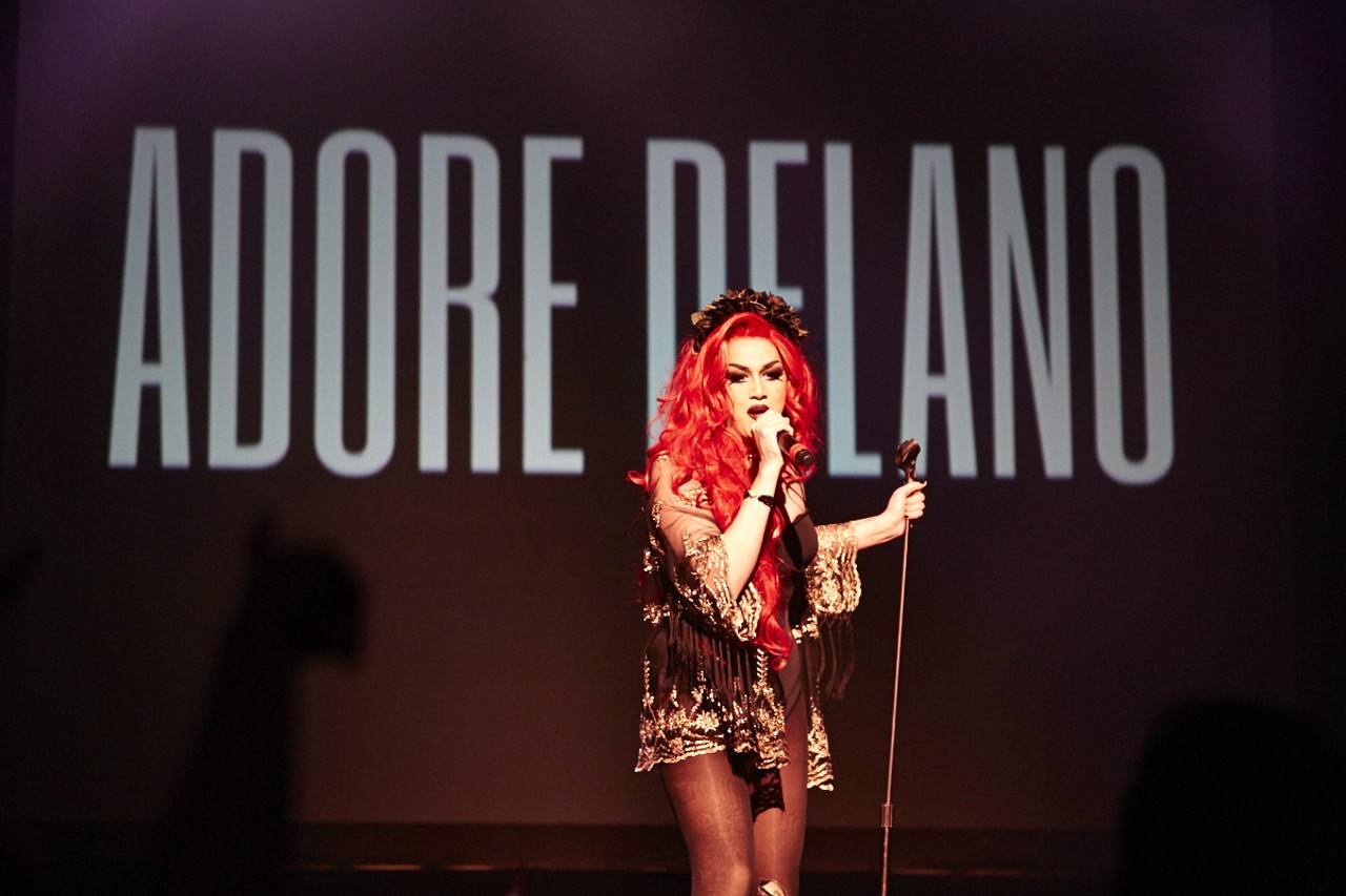 Adore Delano sings to the crowd at RuPaul's Drag Race: Battle of the Seasons at the Pageant on March 17, 2015.