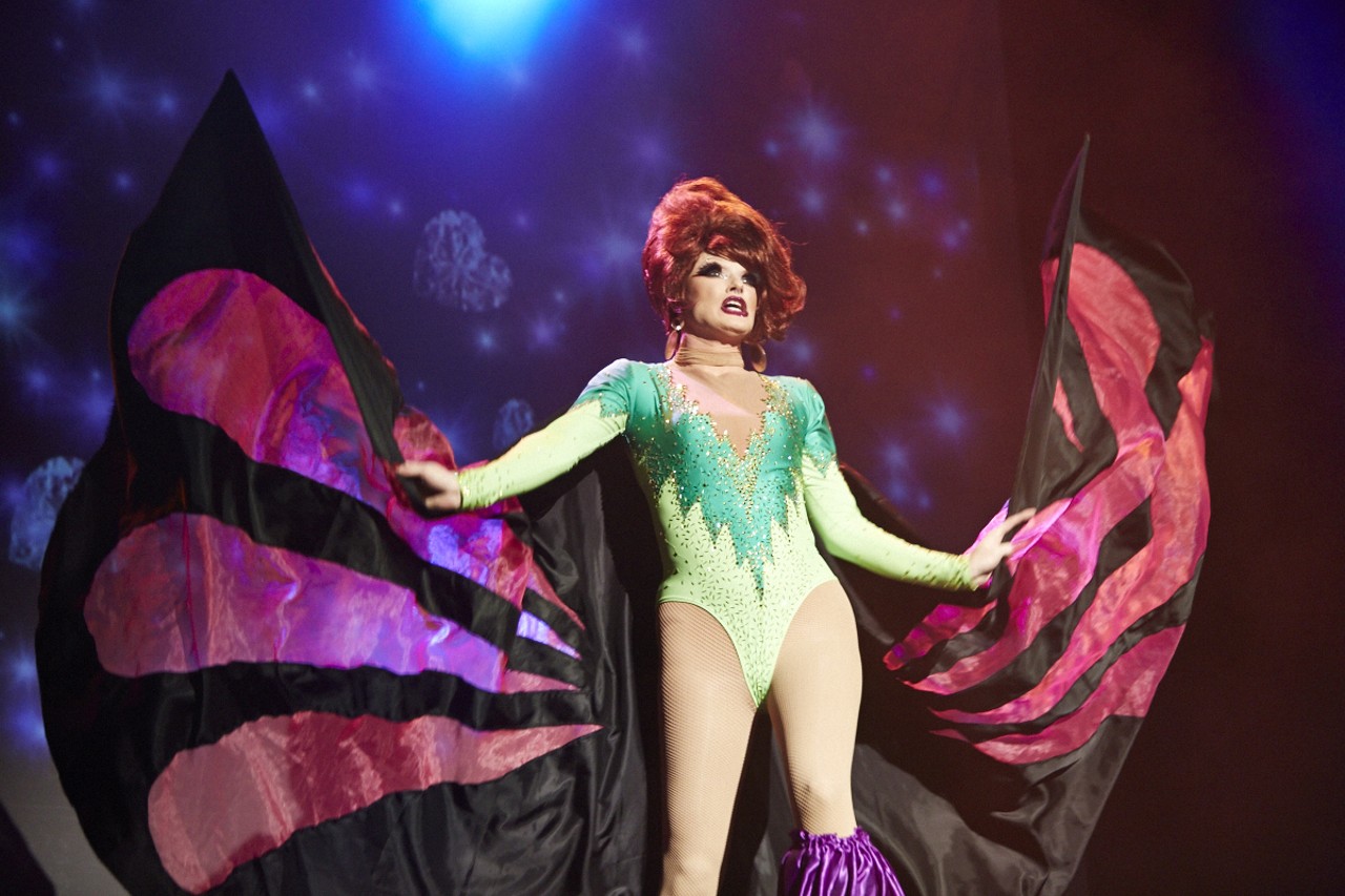 Ivy Winters flaps her wings on stilts at RuPaul's Drag Race: Battle of the Seasons at the Pageant on March 17, 2015.