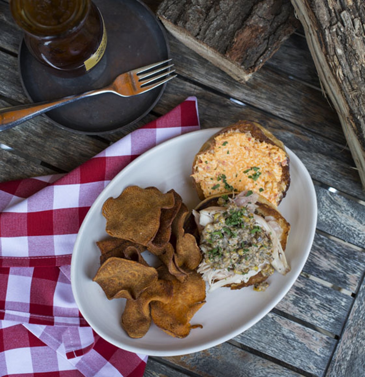 Pulled chicken with pimento cheddar, street corn relish and a side of barbecue sweet potato chips.