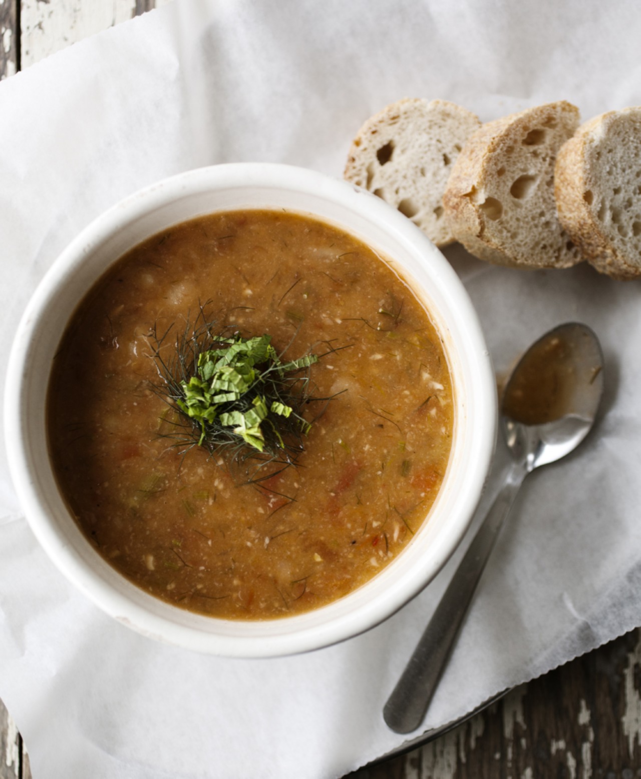 Cannellini Bean Soup with fennel and roasted tomatoes.