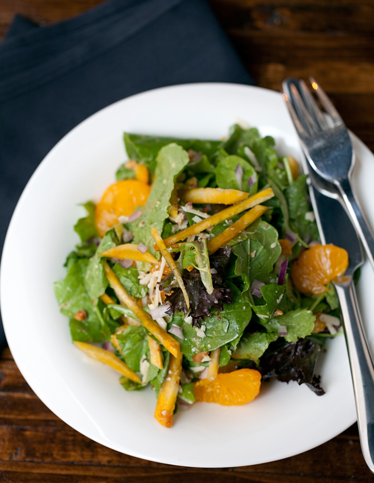 The "Beets Me!" salad is arugula, spring mix, toasted walnuts, mandarin oranges, golden beets, red onions and parmesan with a citrus viaigrette.