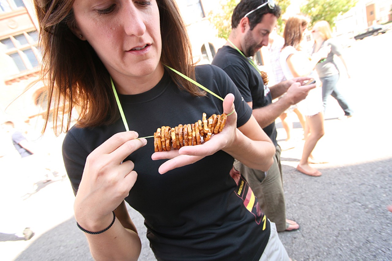 Using her beer fest name, &ldquo;Beefy&rdquo; shows off her pretzel necklace, which is great for soaking up alcohol in between tastings.