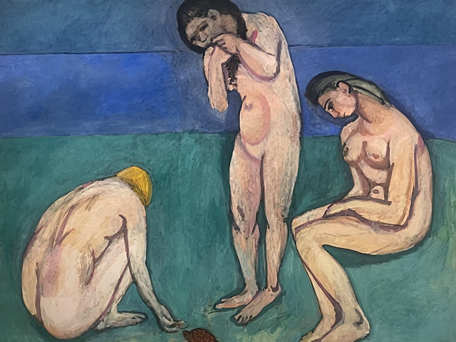 Matisse painted Bathers with a Turtle in 1907-1908. The painting depicts a seascape with three nude females interacting with a turtle.