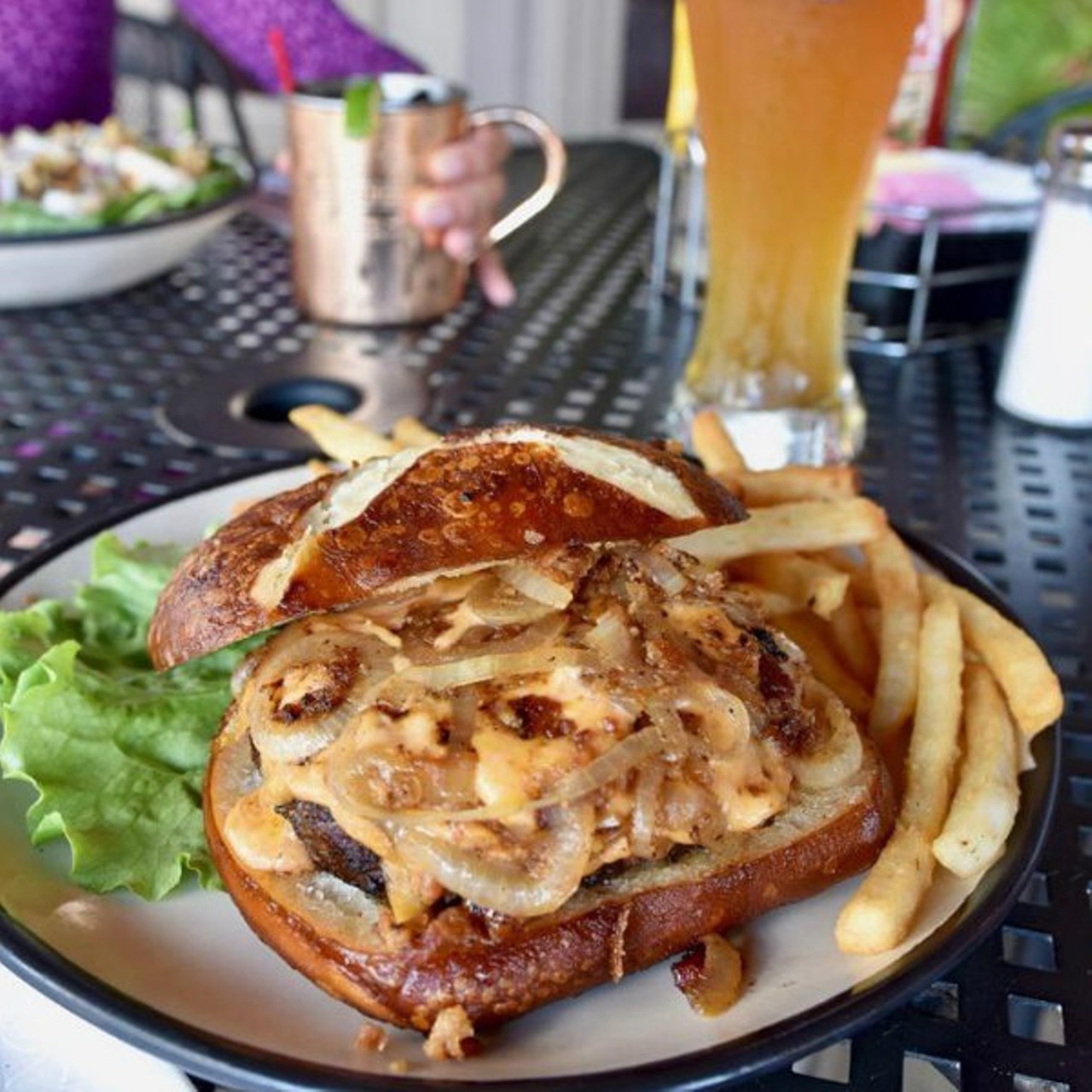 Mike Duffy's Pub and Grill (Kirkwood)
(124 W. Jefferson Avenue, Kirkwood; 314-821-2025)
Charbroiled burger on top a Companion pretzel bun, topped with beer cheese, bourbon bacon jam and caramelized onions.