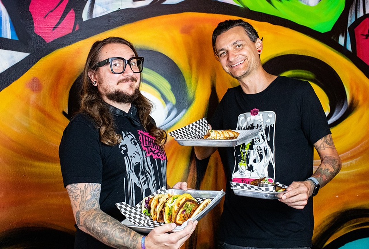 Vegan for over two decades, brothers Brad Roach and Brian Roash opened South Grand&#146;s Terror Tacos as a response to the lack of vegan eateries that matched their particular vibe and aesthetic. With neon walls, horror movie inspired decor, and loud metal music playing inside the restaurant, Terror Tacos reflects the brothers&#146; decision to become vegan as a political statement during their time in the mid-90&#146;s hardcore music scene. Their take on traditional meat and cheese based dishes like giant burritos and spicy birria tacos are some of the best Mexican-inspired fare in St. Louis.
Photo credit: Mabel Suen