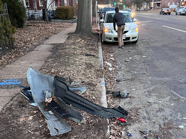 Detritrus from a crash litters a St. Louis street on January 31, 2024.