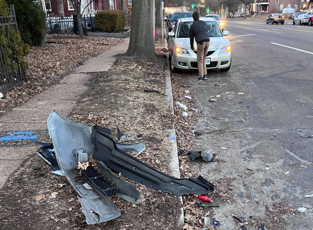 Detritrus from a crash litters a St. Louis street on January 31, 2024.