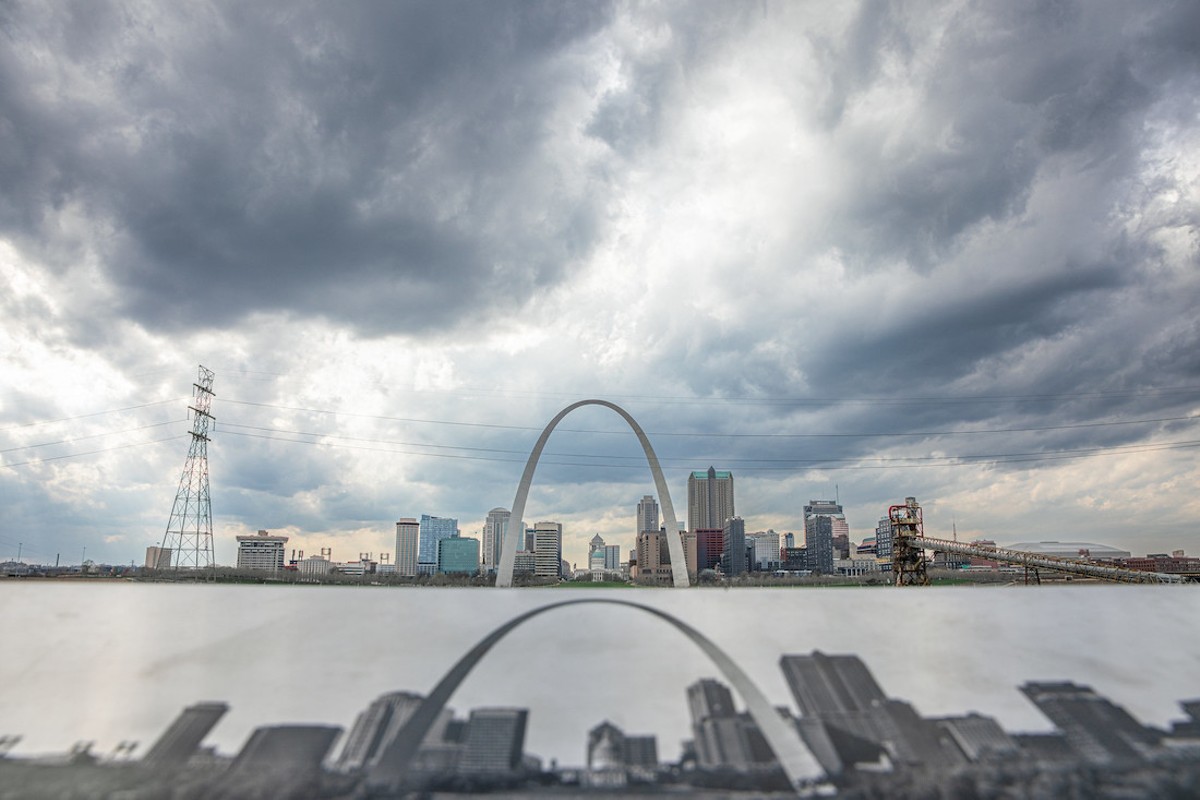 Storm clouds form over the Arch on Wednesday, March 13, 2024, at the Malcolm W. Martin Memorial Park in East St. Louis, Illinois.
